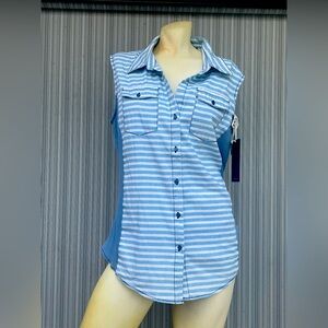 Preppy Cavalini Nautical Blue and White Striped Sleeveless Shirt XL